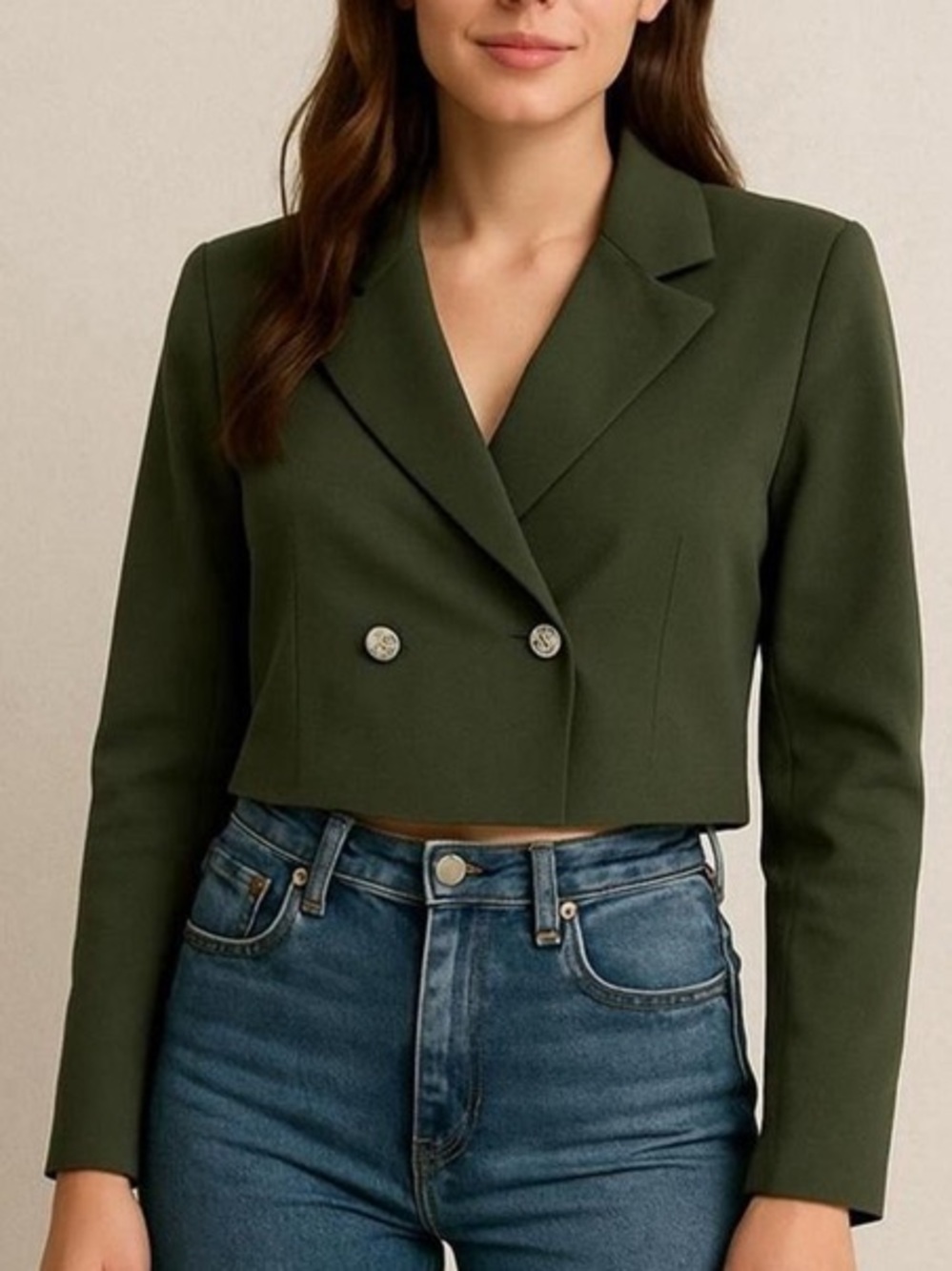 Joie Cropped Double-Breasted Tailored Blazer in Olive